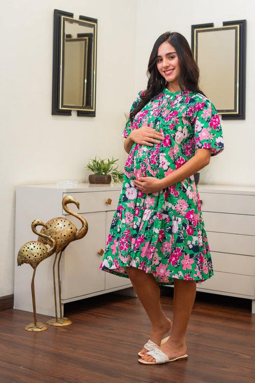Peppy Green Flower Bomb Maternity & Nursing Pintucks Frill Shirt Dress
