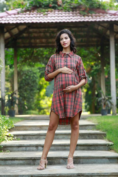 Flannel Blush Checks Maternity & Nursing Shirt Dress