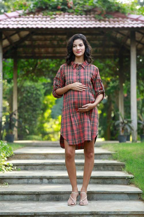 Flannel Blush Checks Maternity & Nursing Shirt Dress