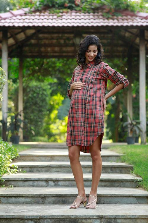 Flannel Blush Checks Maternity & Nursing Shirt Dress