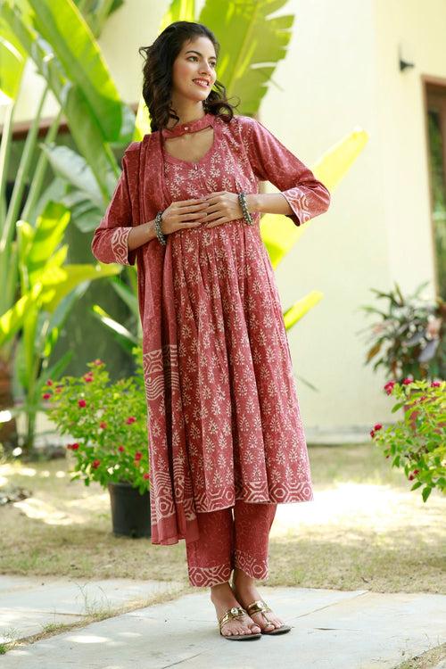 Royal Red Blush Maternity & Nursing Kurta + Bump Band Bottom + Dupatta (3 Pc) (100% Cotton)