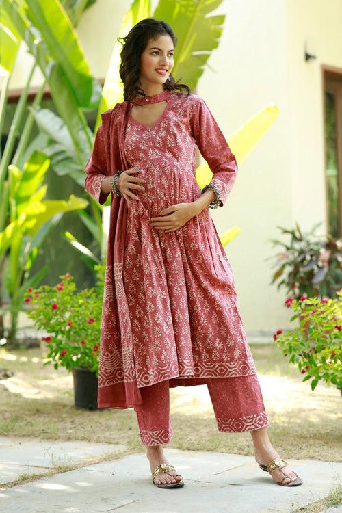 Royal Red Blush Maternity & Nursing Kurta + Bump Band Bottom + Dupatta (3 Pc) (100% Cotton)