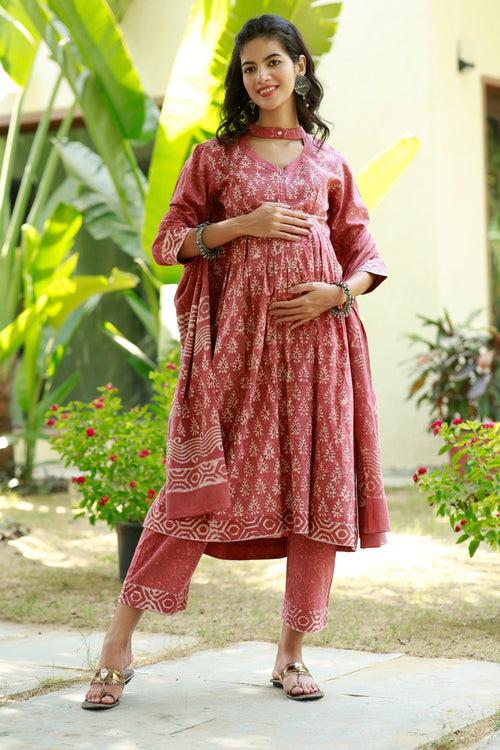 Royal Red Blush Maternity & Nursing Kurta + Bump Band Bottom + Dupatta (3 Pc) (100% Cotton)