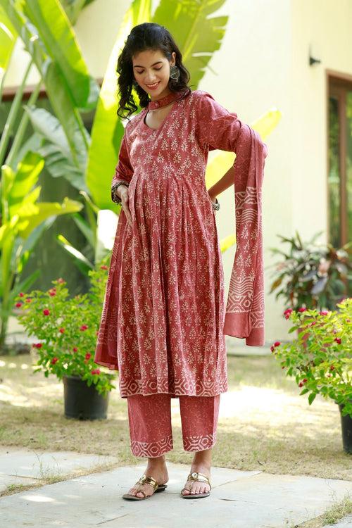 Royal Red Blush Maternity & Nursing Kurta + Bump Band Bottom + Dupatta (3 Pc) (100% Cotton)