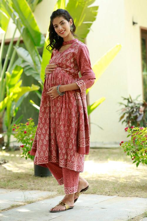 Royal Red Blush Maternity & Nursing Kurta + Bump Band Bottom + Dupatta (3 Pc) (100% Cotton)