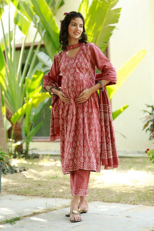 Royal Red Blush Maternity & Nursing Kurta + Bump Band Bottom + Dupatta (3 Pc) (100% Cotton)