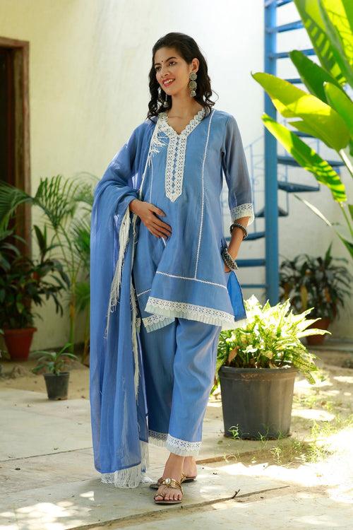 Luxe Sky Blue Chanderi Maternity & Nursing Kurta + Bump Band Bottom + Dupatta (3 Pc)