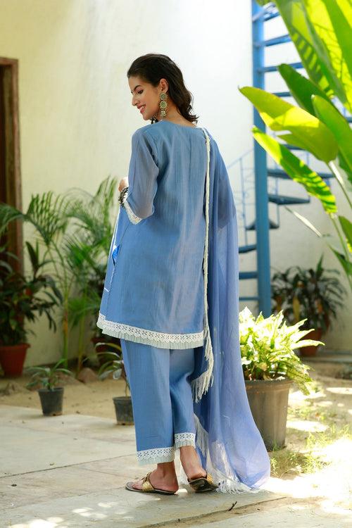 Luxe Sky Blue Chanderi Maternity & Nursing Kurta + Bump Band Bottom + Dupatta (3 Pc)