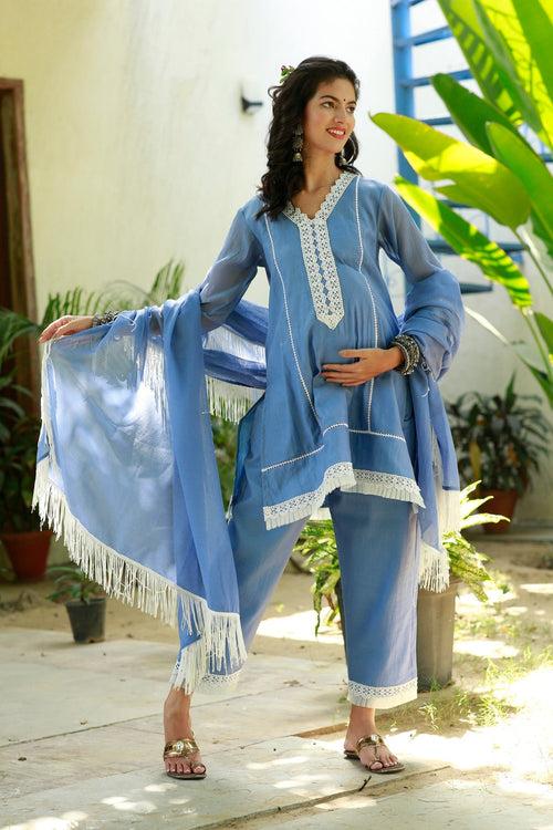 Luxe Sky Blue Chanderi Maternity & Nursing Kurta + Bump Band Bottom + Dupatta (3 Pc)