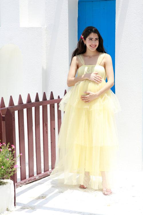 Dazzling Pastel Yellow Maternity Off-Shoulder Layered Dress