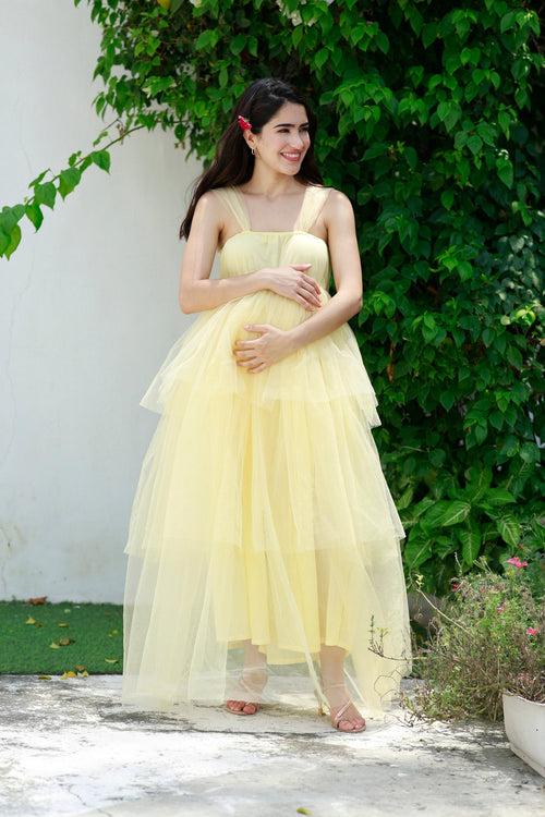 Dazzling Pastel Yellow Maternity Off-Shoulder Layered Dress