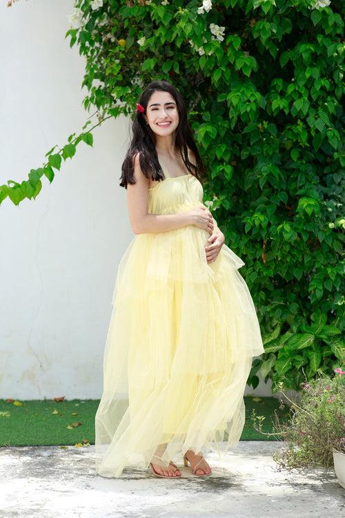 Dazzling Pastel Yellow Maternity Off-Shoulder Layered Dress