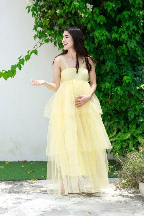 Dazzling Pastel Yellow Maternity Off-Shoulder Layered Dress