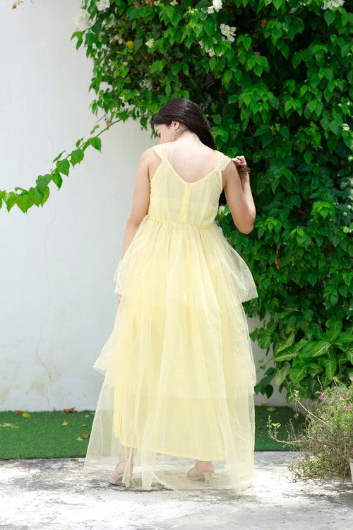 Dazzling Pastel Yellow Maternity Off-Shoulder Layered Dress