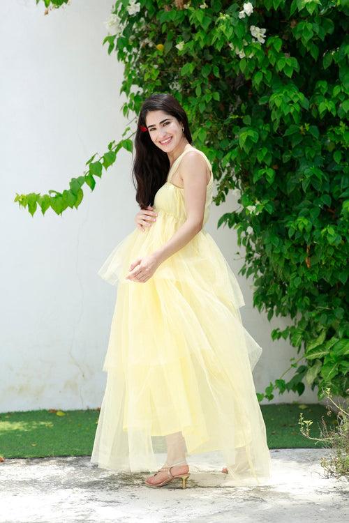 Dazzling Pastel Yellow Maternity Off-Shoulder Layered Dress