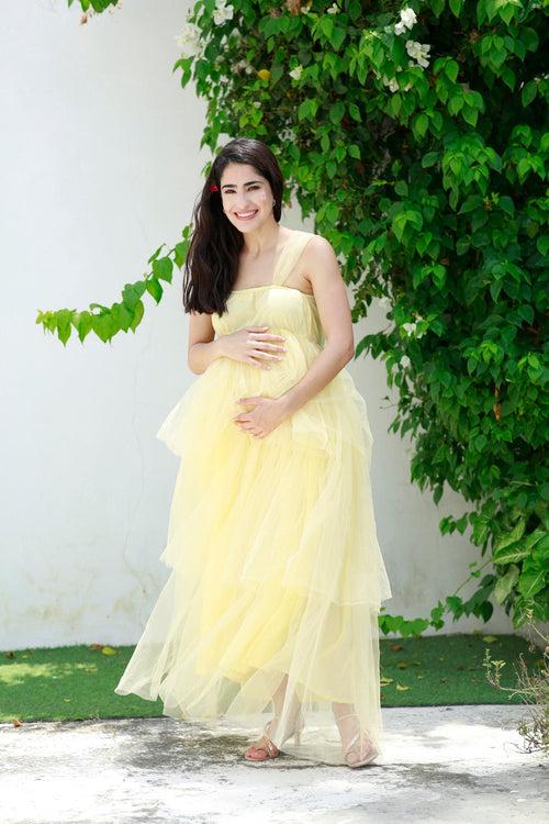 Dazzling Pastel Yellow Maternity Off-Shoulder Layered Dress