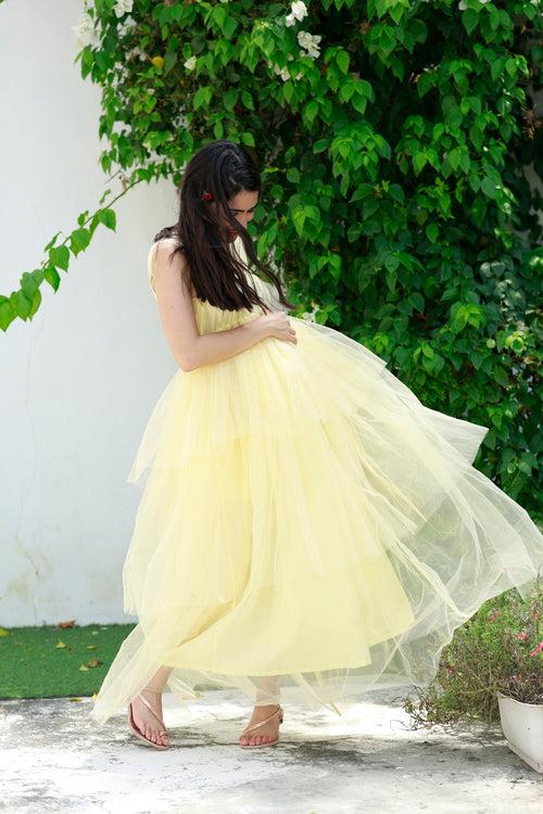 Dazzling Pastel Yellow Maternity Off-Shoulder Layered Dress