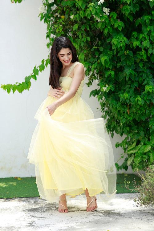 Dazzling Pastel Yellow Maternity Off-Shoulder Layered Dress