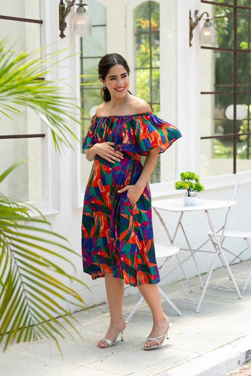 Retro Abstract Blue Off-Shoulder Maternity Frill Dress