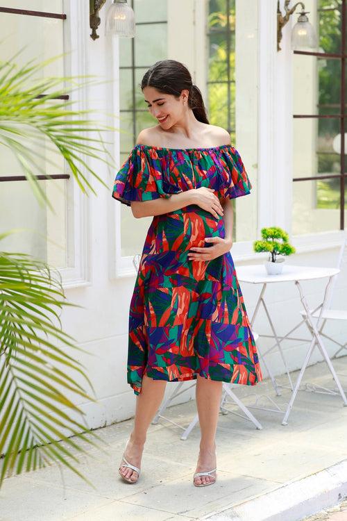 Retro Abstract Blue Off-Shoulder Maternity Frill Dress