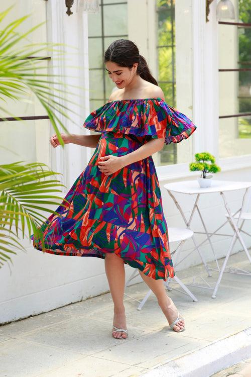 Retro Abstract Blue Off-Shoulder Maternity Frill Dress