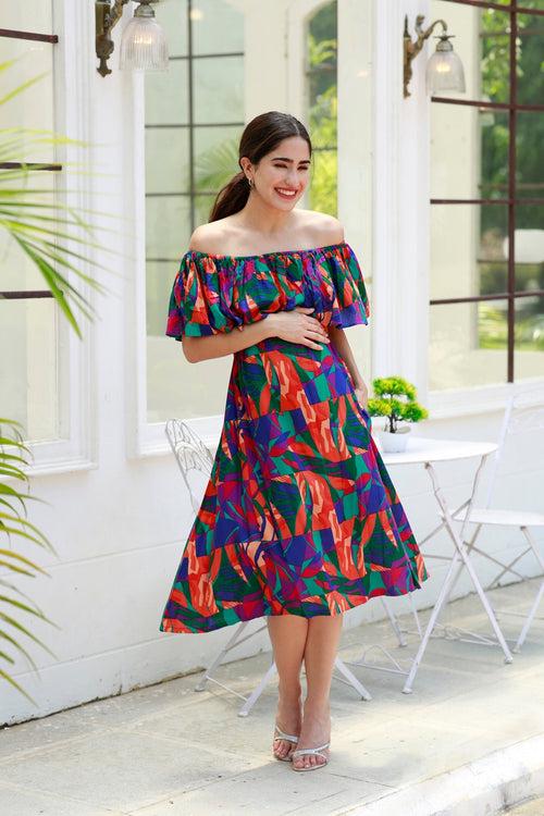 Retro Abstract Blue Off-Shoulder Maternity Frill Dress