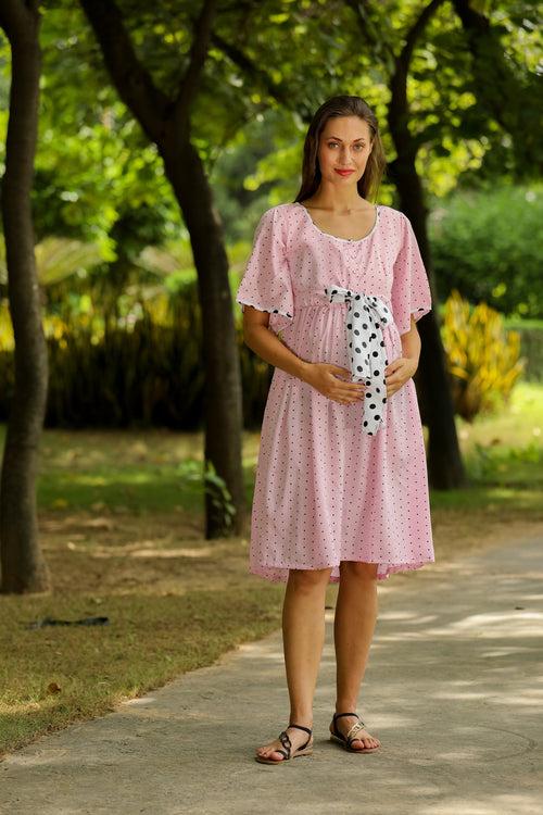 Pastel Pink Polka Maternity and Front Button Nursing Swing Dress