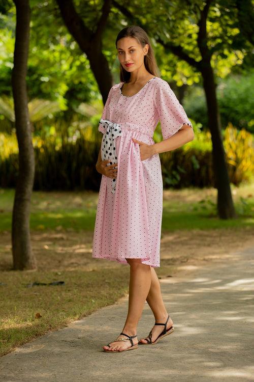 Pastel Pink Polka Maternity and Front Button Nursing Swing Dress