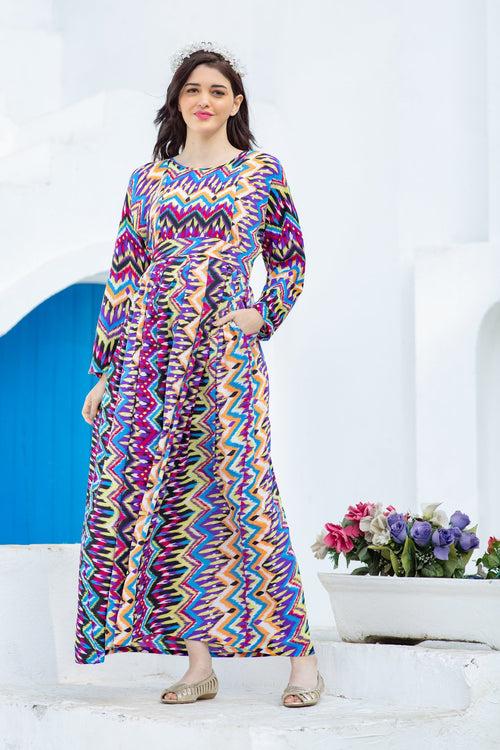 Multicolor Zig-Zag Concealed Zip Maternity & Nursing Maxi