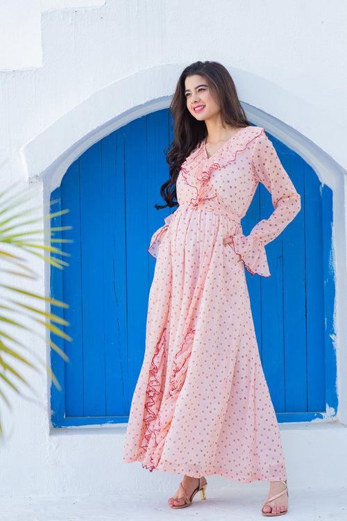 Miami Peach Dotted Maternity Frill Dress