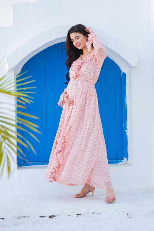 Miami Peach Dotted Maternity Frill Dress