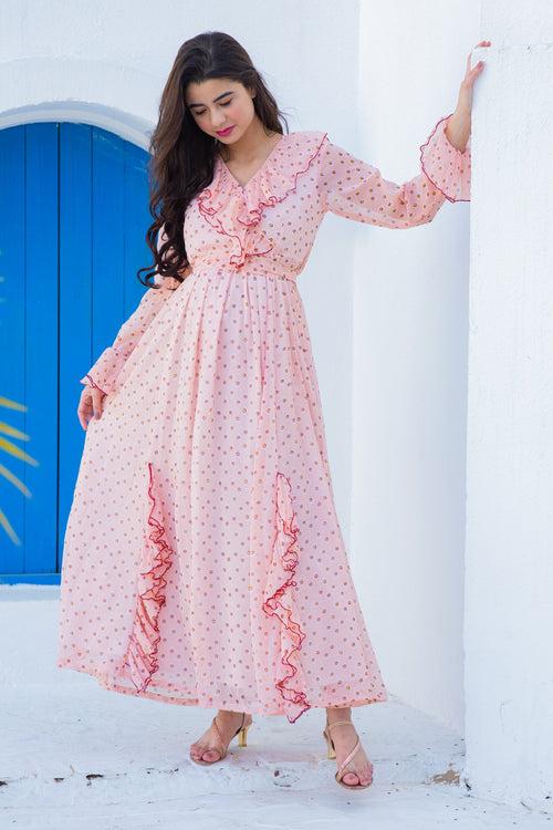 Miami Peach Dotted Maternity Frill Dress