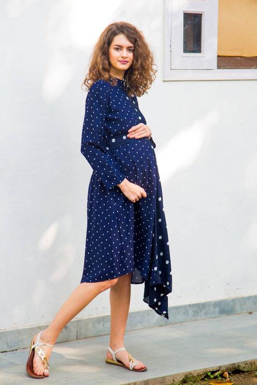 Asymmetrical Navy Polka High Neck Maternity & Nursing Dress