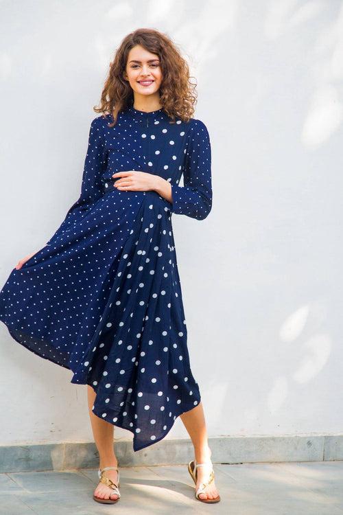 Asymmetrical Navy Polka High Neck Maternity & Nursing Dress