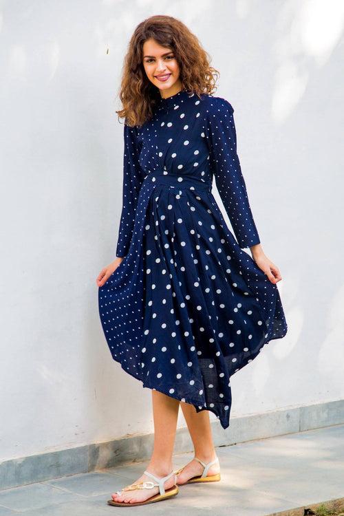 Asymmetrical Navy Polka High Neck Maternity & Nursing Dress