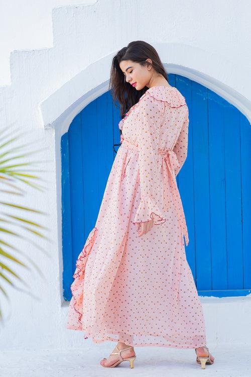 Miami Peach Dotted Maternity Frill Dress