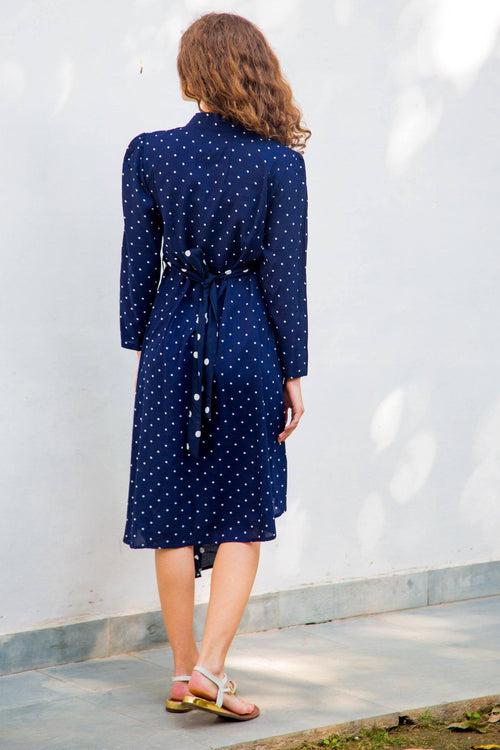 Asymmetrical Navy Polka High Neck Maternity & Nursing Dress