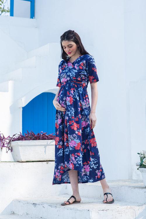 Navy Blue Peony Maternity & Nursing Hi-Low Wrap Dress