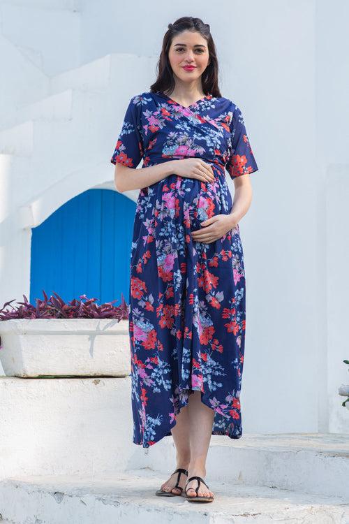 Navy Blue Peony Maternity & Nursing Hi-Low Wrap Dress