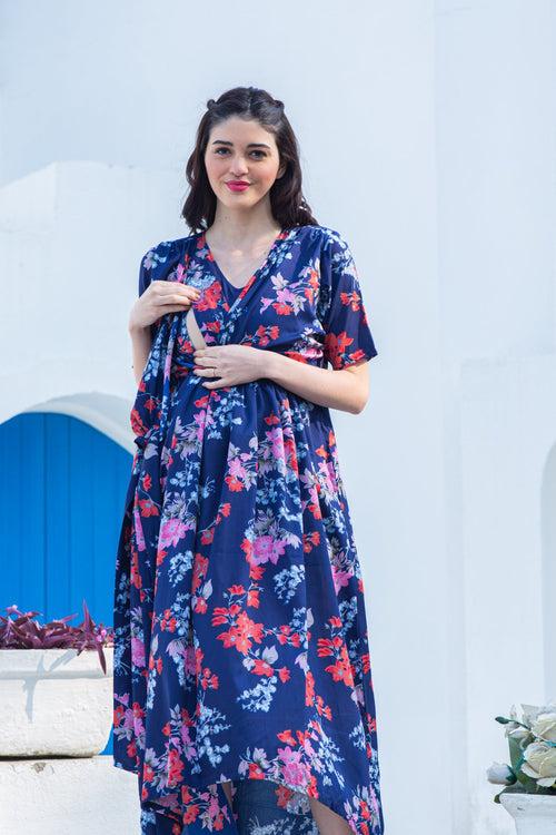 Navy Blue Peony Maternity & Nursing Hi-Low Wrap Dress