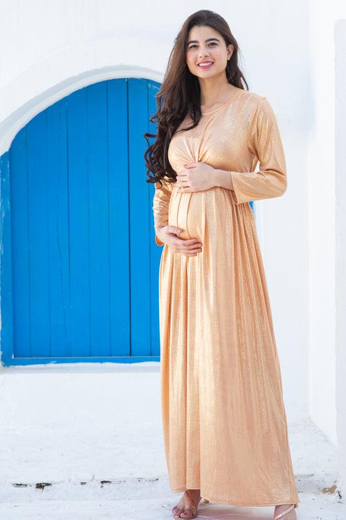 Classic Gold Shimmer Pleated Maternity Knot Dress