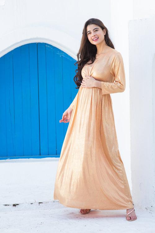 Classic Gold Shimmer Pleated Maternity Knot Dress