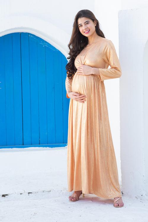 Classic Gold Shimmer Pleated Maternity Knot Dress