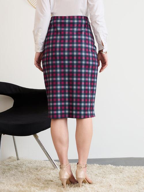 Berrylush BIZwear Women Multi Color Check High Rise Pencil Midi Skirt