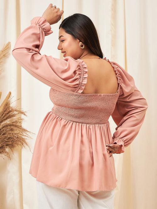 Berrylush Curve Women Pink Solid Square Neck Peplum Top