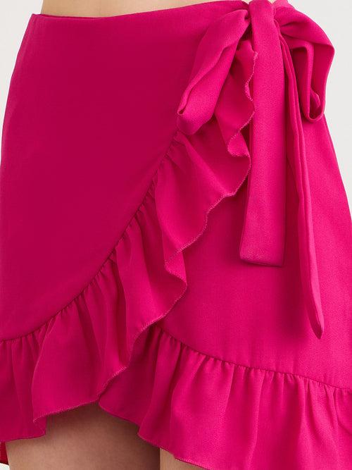 Berrylush Women Pink Solid High Rise Ruffles Mini Wrap Skirt