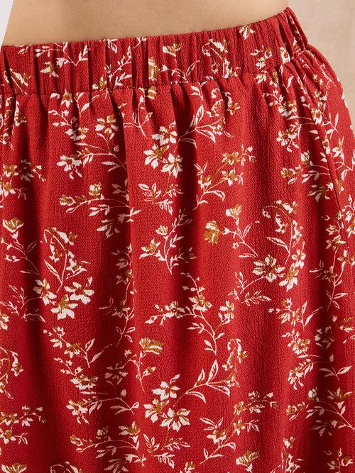 Berrylush Curve Red Floral Print High Rise A-Line Midi Skirt