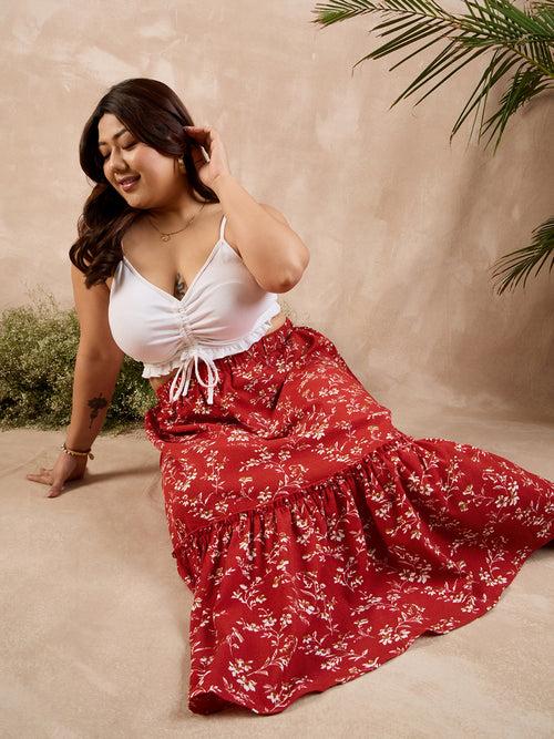 Berrylush Curve Red Floral Print High Rise A-Line Midi Skirt