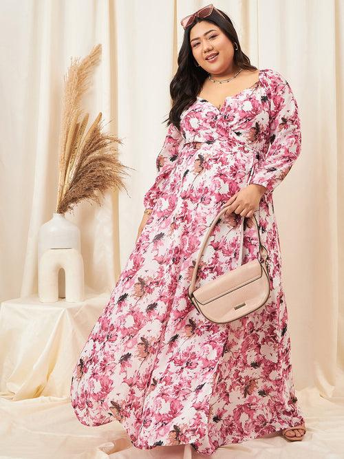 Berrylush Curve Pink Floral Print V-Neck Long Sleeves Maxi Dress