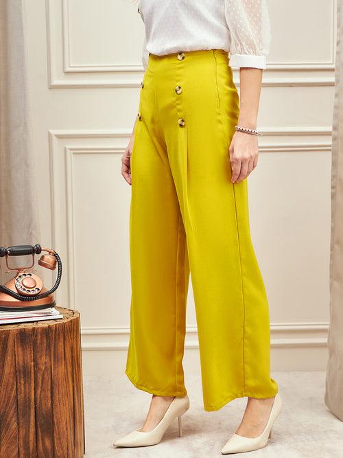 Berrylush BIZwear Women Solid Yellow Button Detail Wide Leg Pants